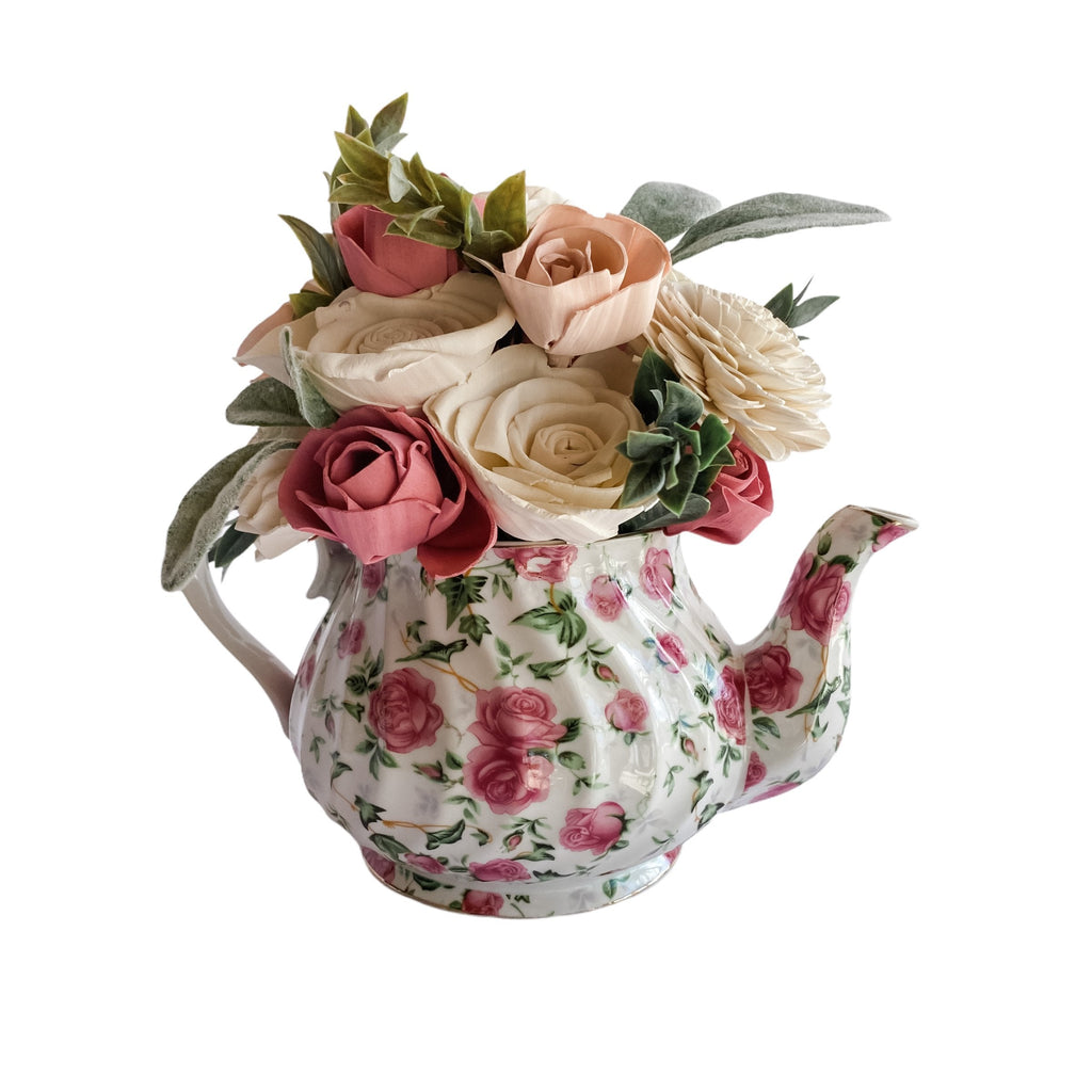 pink sola wood flower teapot arrangement