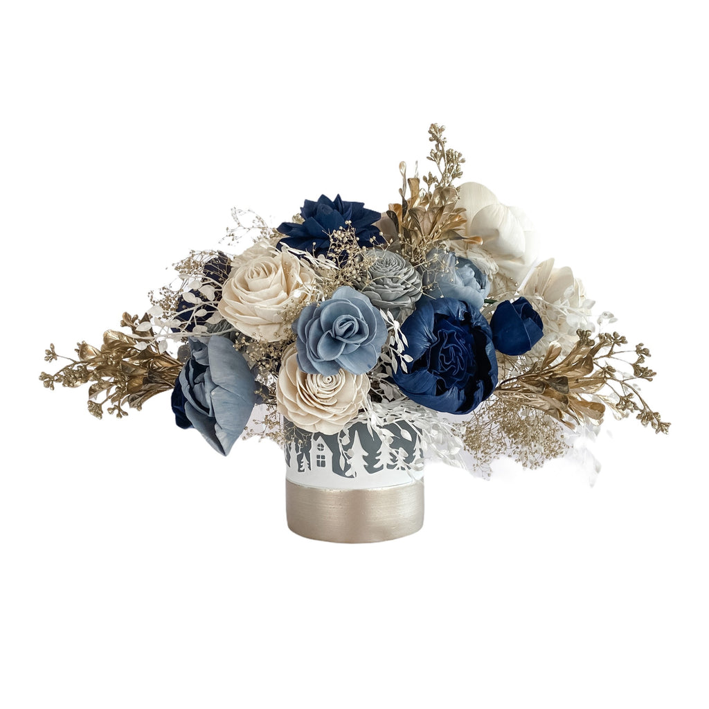winter scene sola wood flower arrangement in blue and champagne