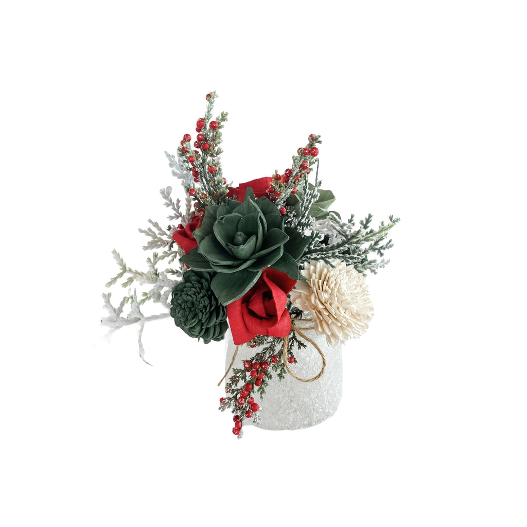 winter sola wood flower arrangement in red and green