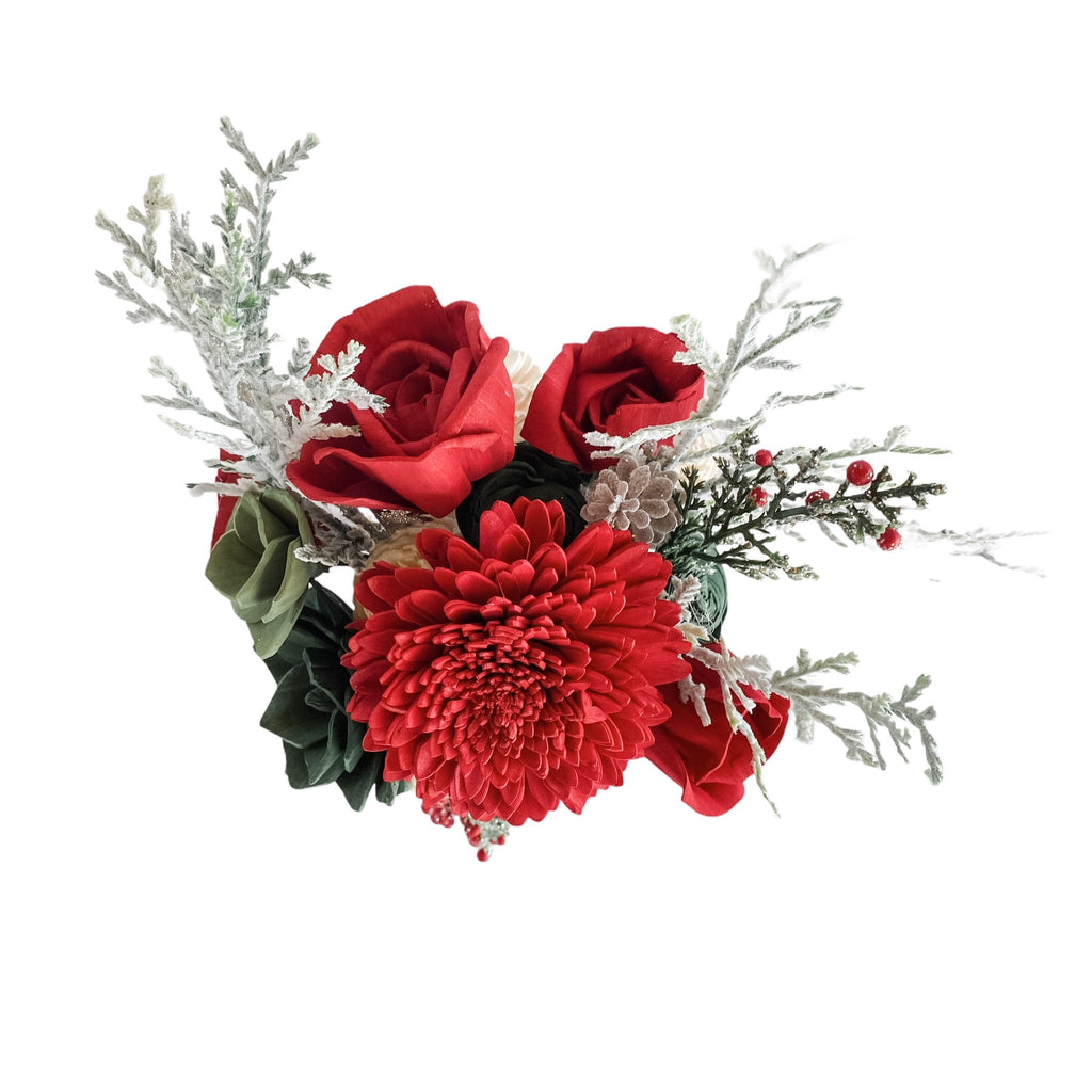 frosted pine and berry sola wood flower arrangement for christmas party, gift, or wedding