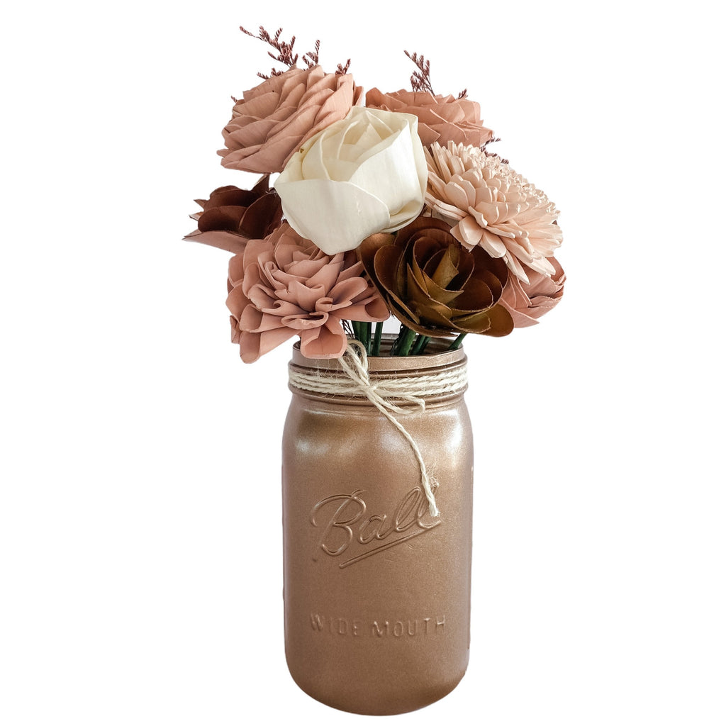 rose gold and blush sola wood forever flower arrangement in mason jar