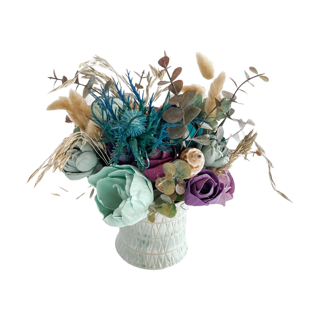 beachy sola wood flower arrangement for her in teal and purple