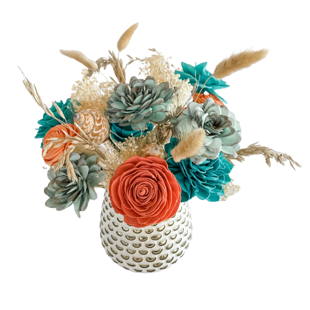 coral and mint wedding centerpiece ideas made with sola wood faux flowers by pine and petal