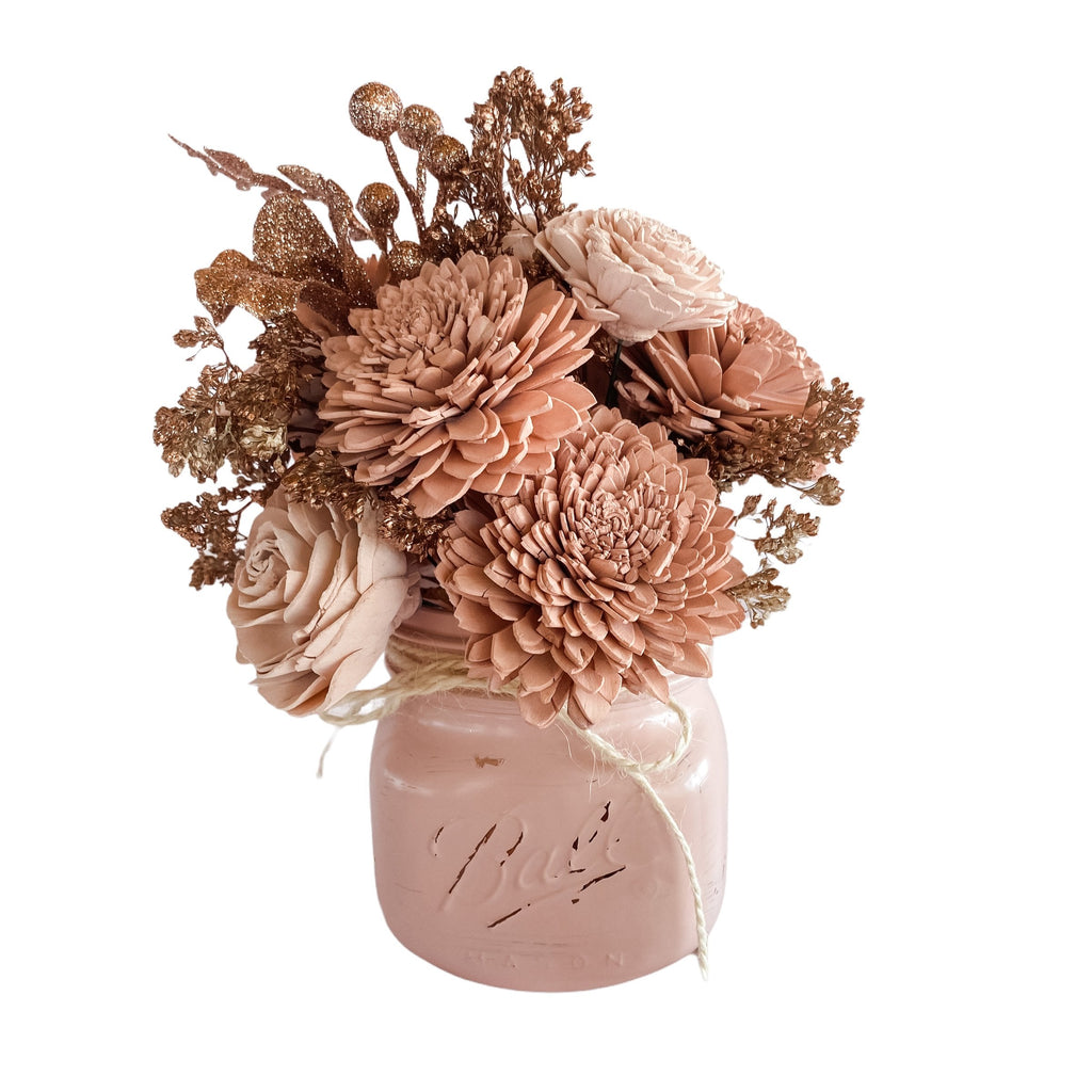 shabby chic sola wood flower arrangement in pink, blush and rose gold