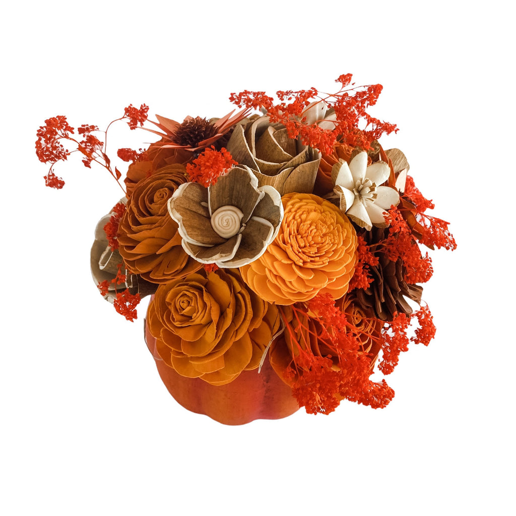 thanksgiving table ideas for 2020 - fall sola wood flower pumpkin lasting faux flower arrangement