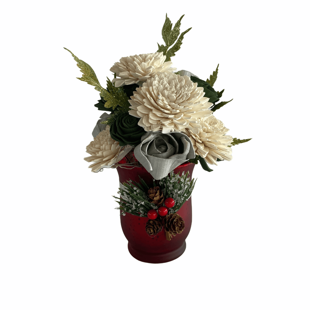 sola wood flower mini christmas arrangement with silver, red, green and white
