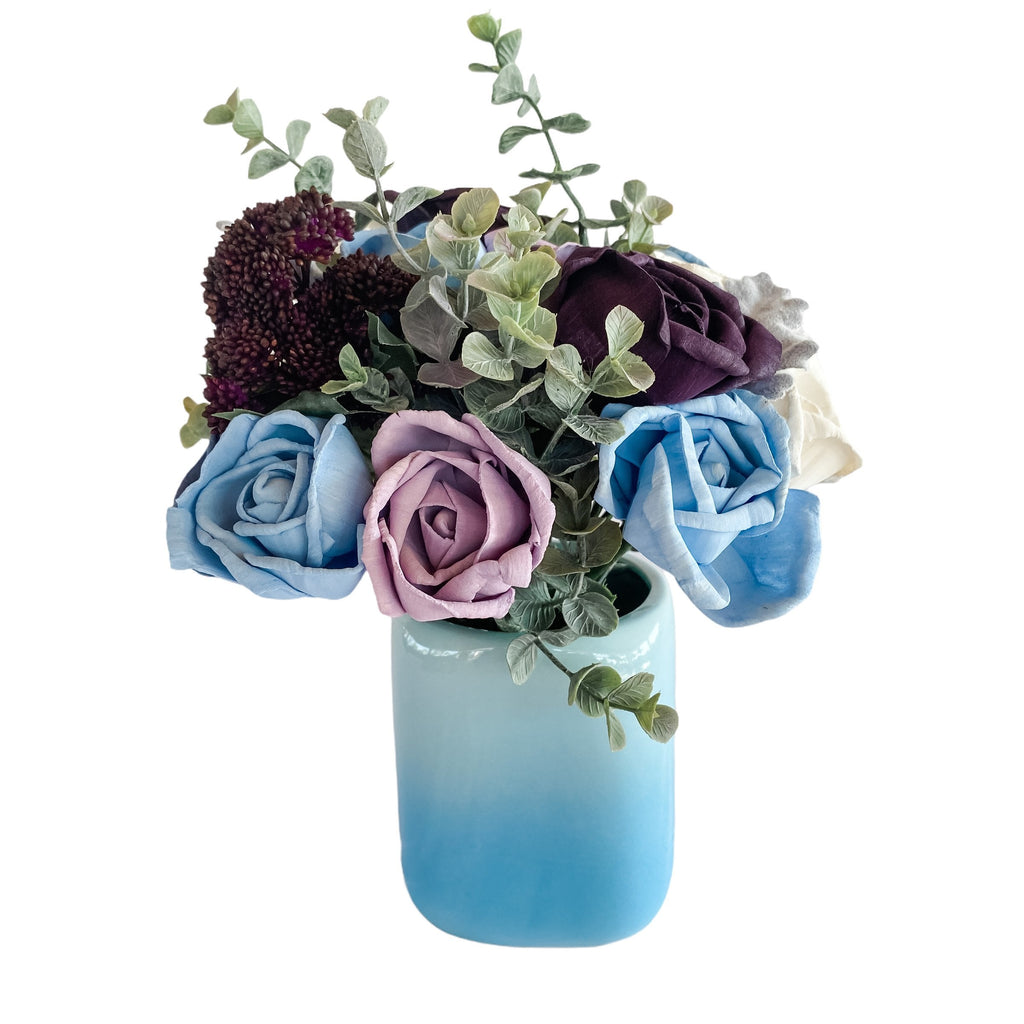 garden picked sola wood flower arrangement for table or mantle in blue and purple