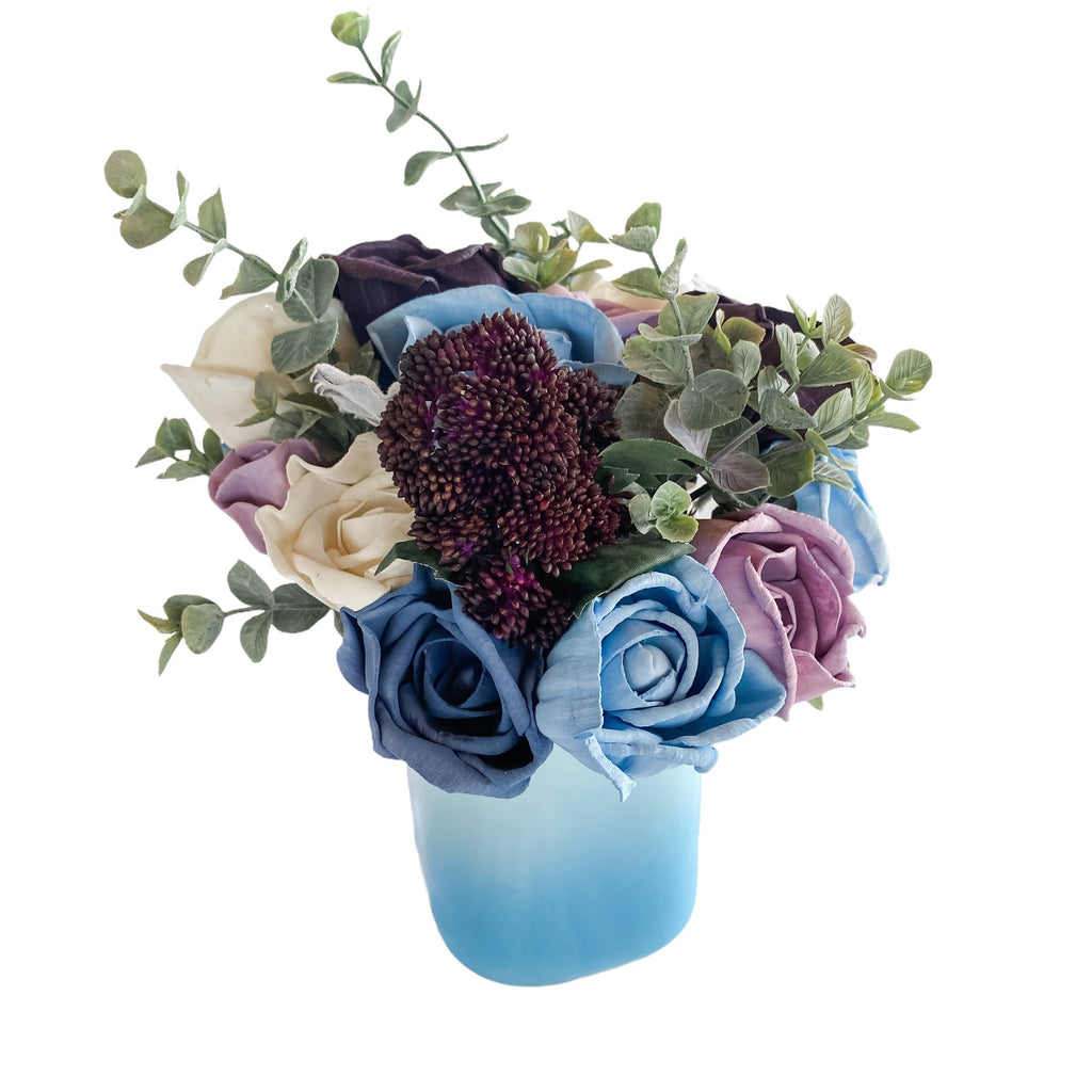 sola wood flower arrangement purple and blue by pine and petal market