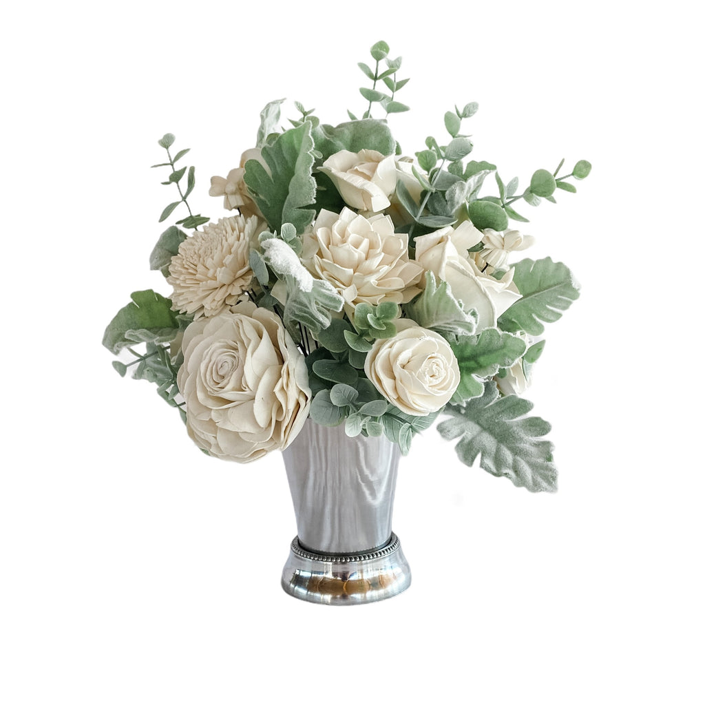white and greenery sympathy sola wood flower arrangement