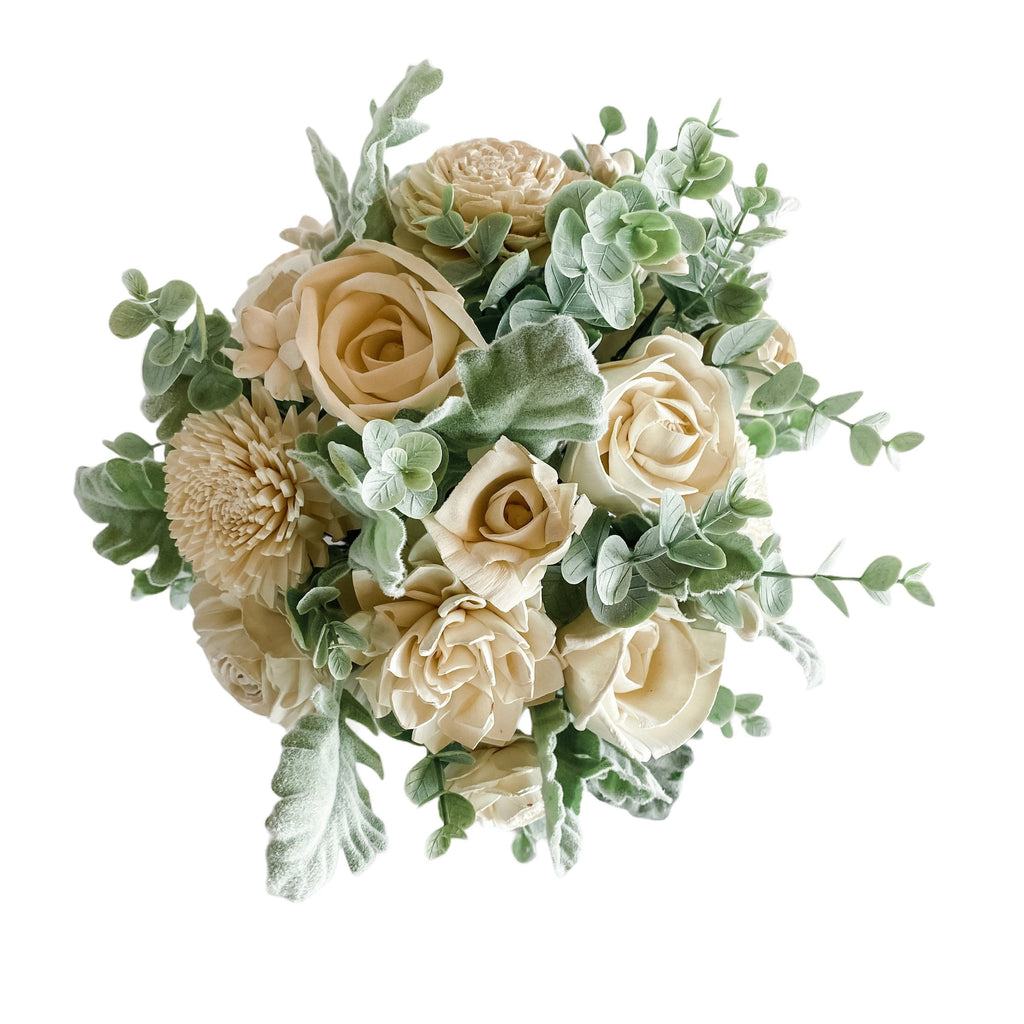 faux flower arrangement with white flowers and greenery