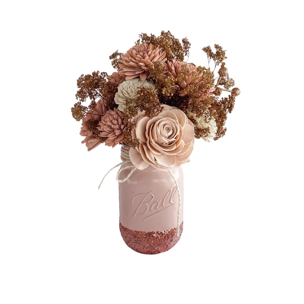 shabby chic pink glitter mason jar sola flower arrangement in pink and rose gold