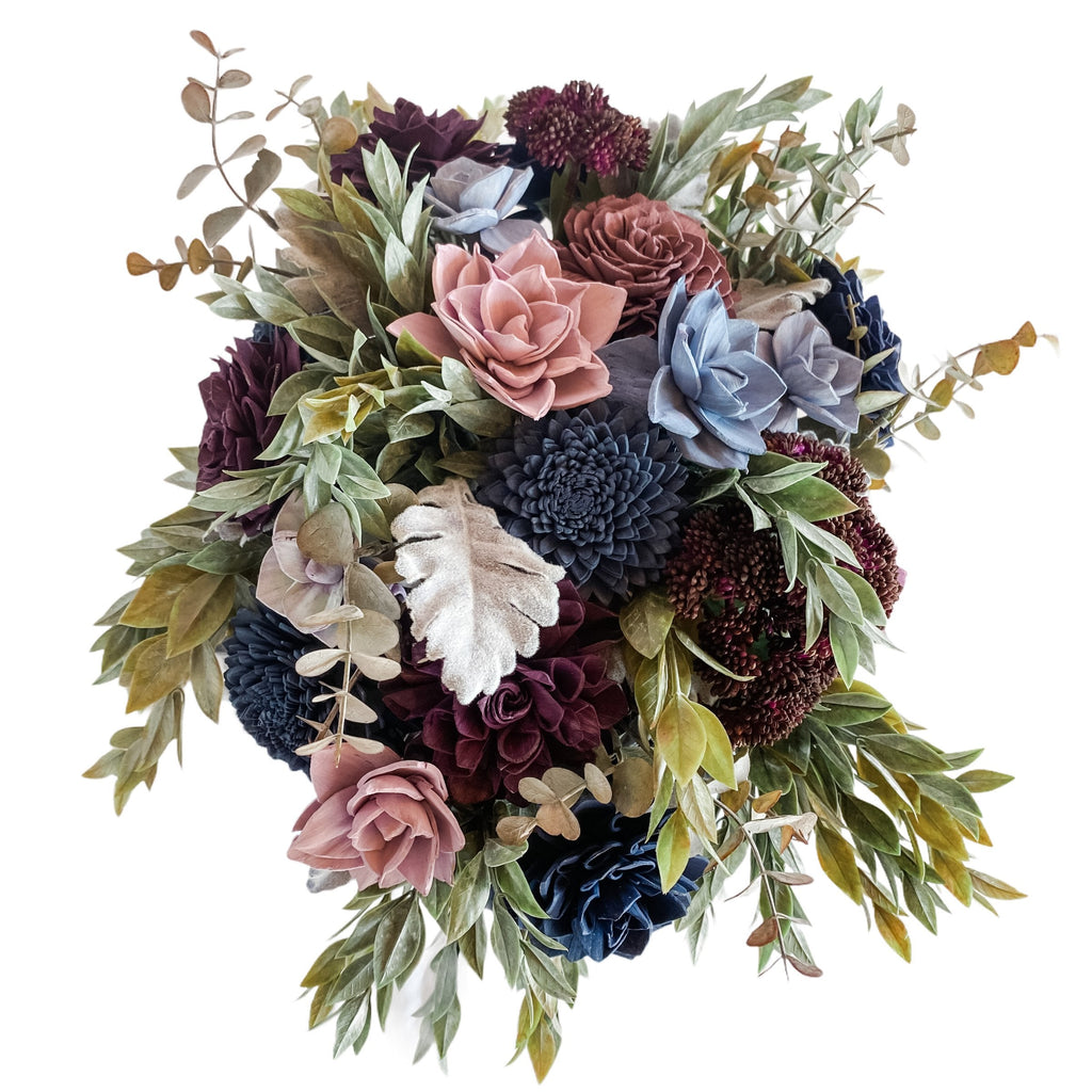 succulent seagarden sola wood flower arrangement from pine and petal market in purple and blues