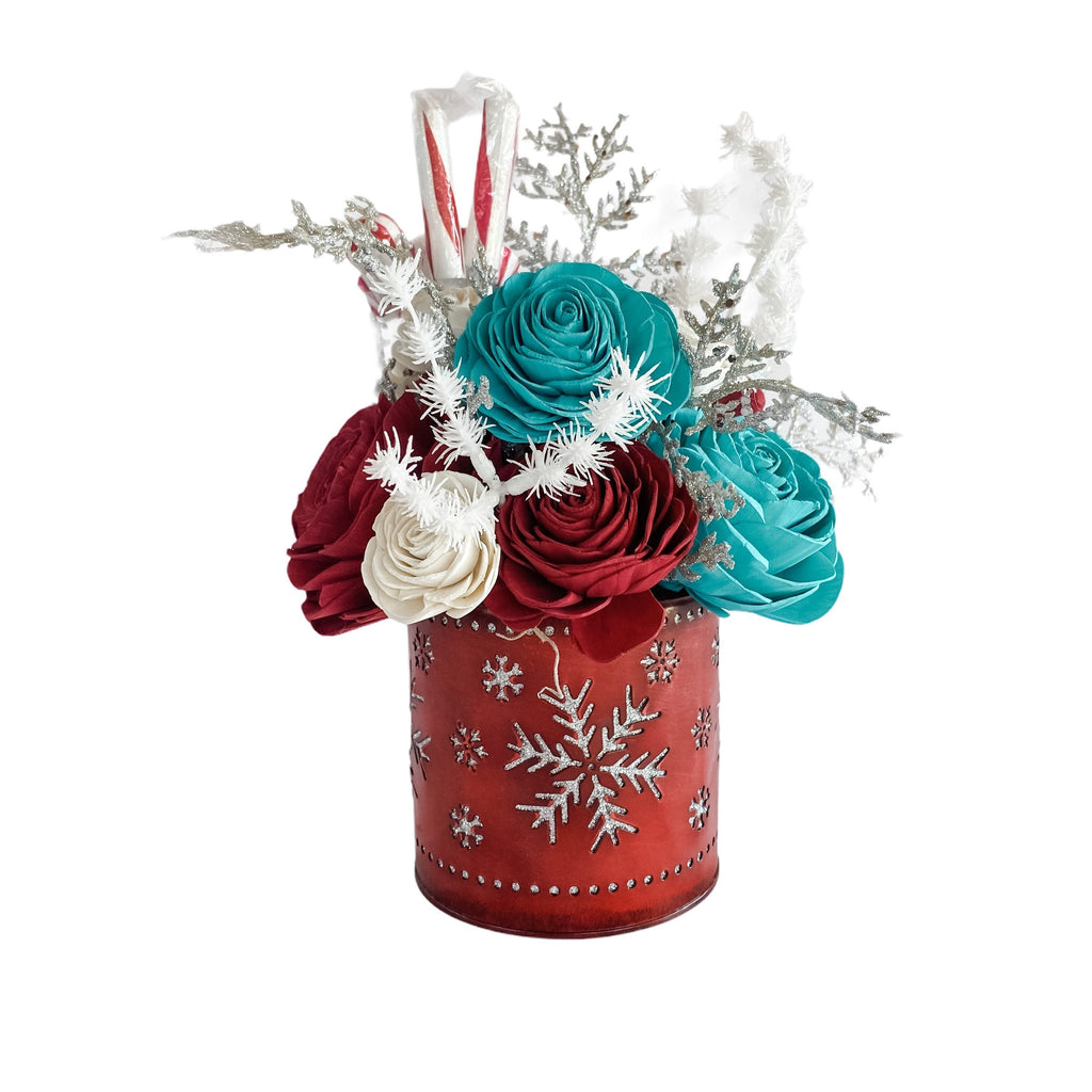 CandyCane Lane sola wood flower arrangement in red and teal