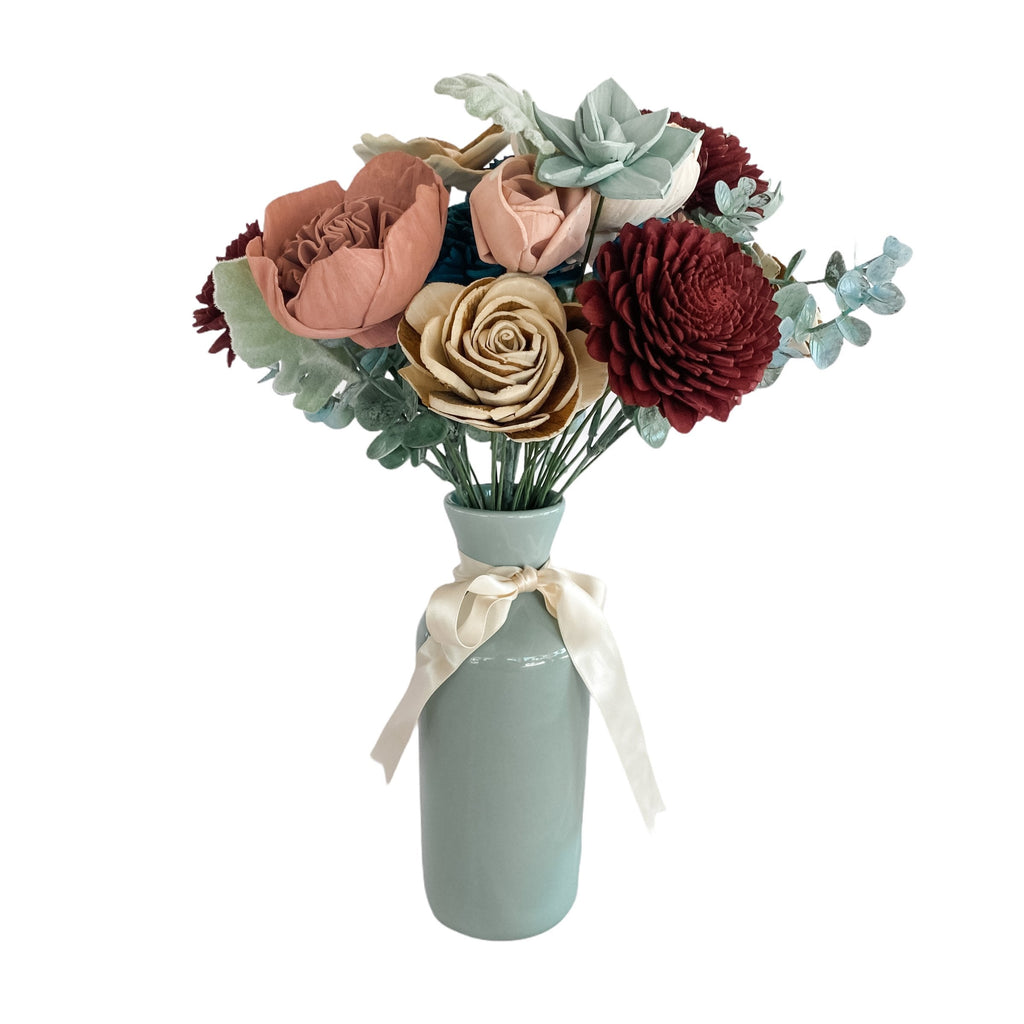 seafoam, wine, teal and dusty rose sola wood flower bouquet arrangement from pine and petal market