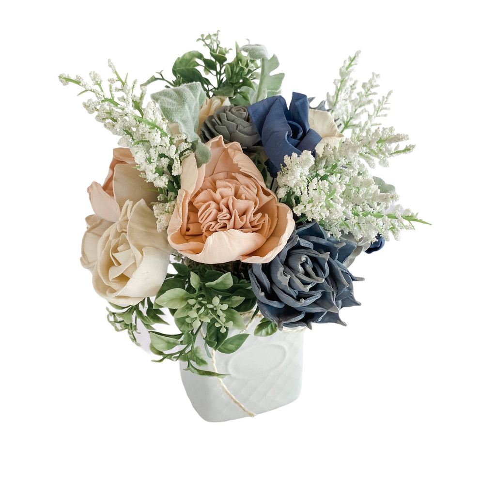housewarming sola wood flower arrangement gift with blue and white