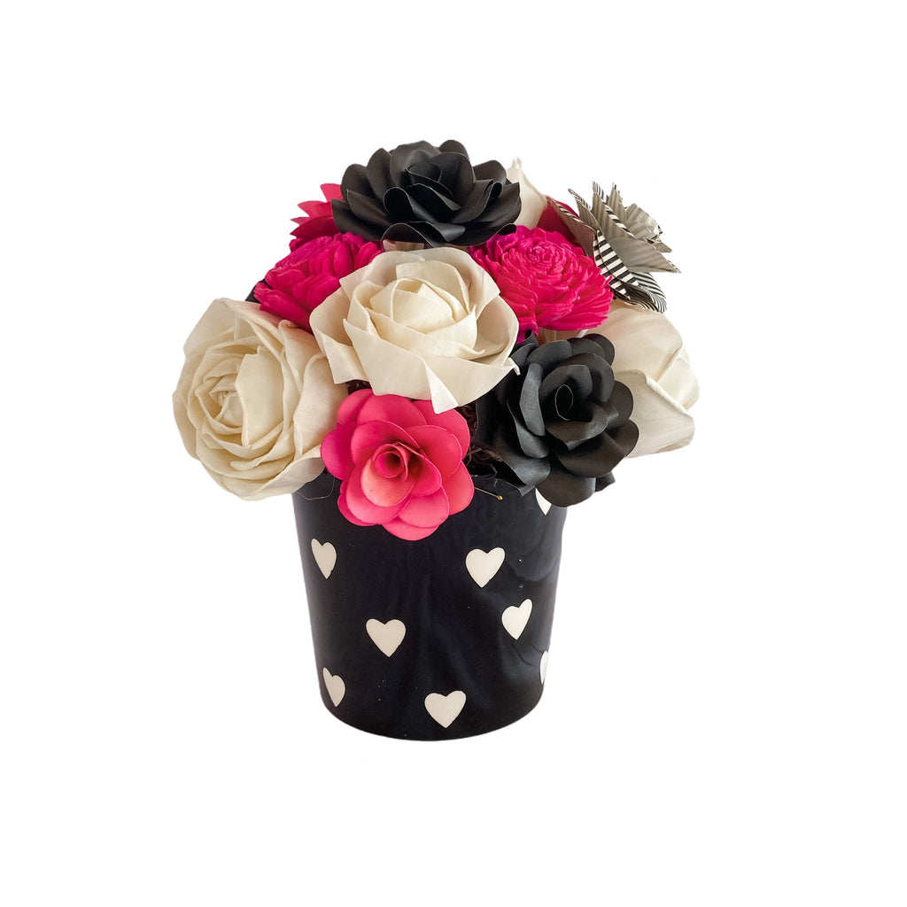 hot pink and black sola wood flower arrangement for desk or office