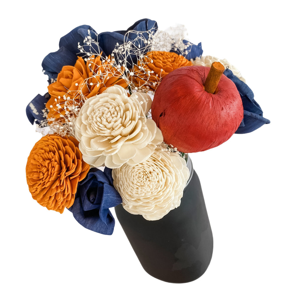 sola wood flower arrangement for teachers in school colors with apple and chalkboard decoratable vase