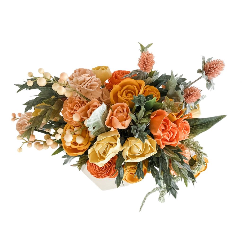 peach and yellow sola wood flower arrangement asymmetrical wildflower centerpiece for wedding or decor
