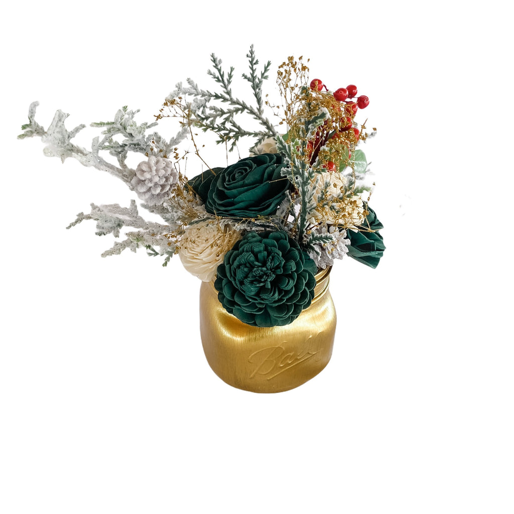 green, red and gold winter sola wood flower centerpiece arrangement gift decor