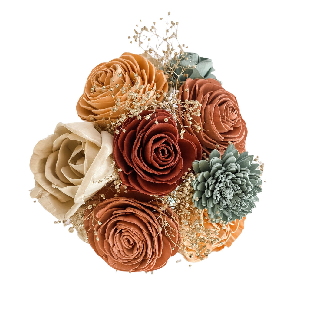 peach and seafoam sola wood flower bouquet for beach wedding from pine and petal