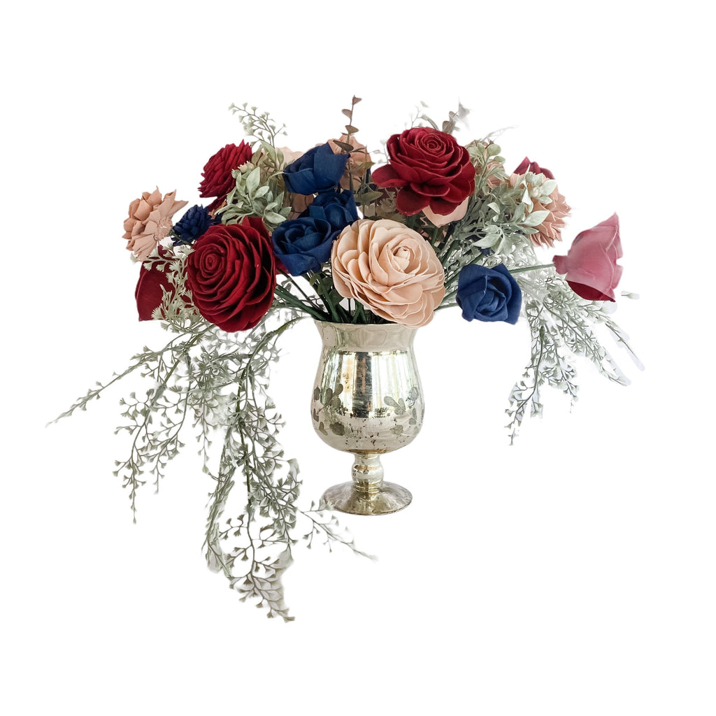 sola wood flower wedding goblet arrangement in burgundy, navy and blush