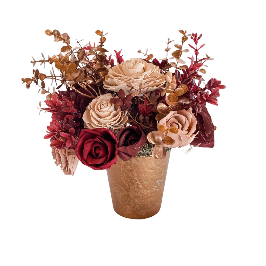 red, pink and rose gold wood flower arrangement with faux foliage for mothers day or anniversary gift