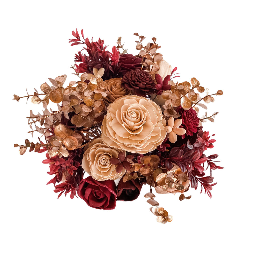 lasting sola wood flower arrangement with roses, red, blush and rose gold. Perfect for wedding decors