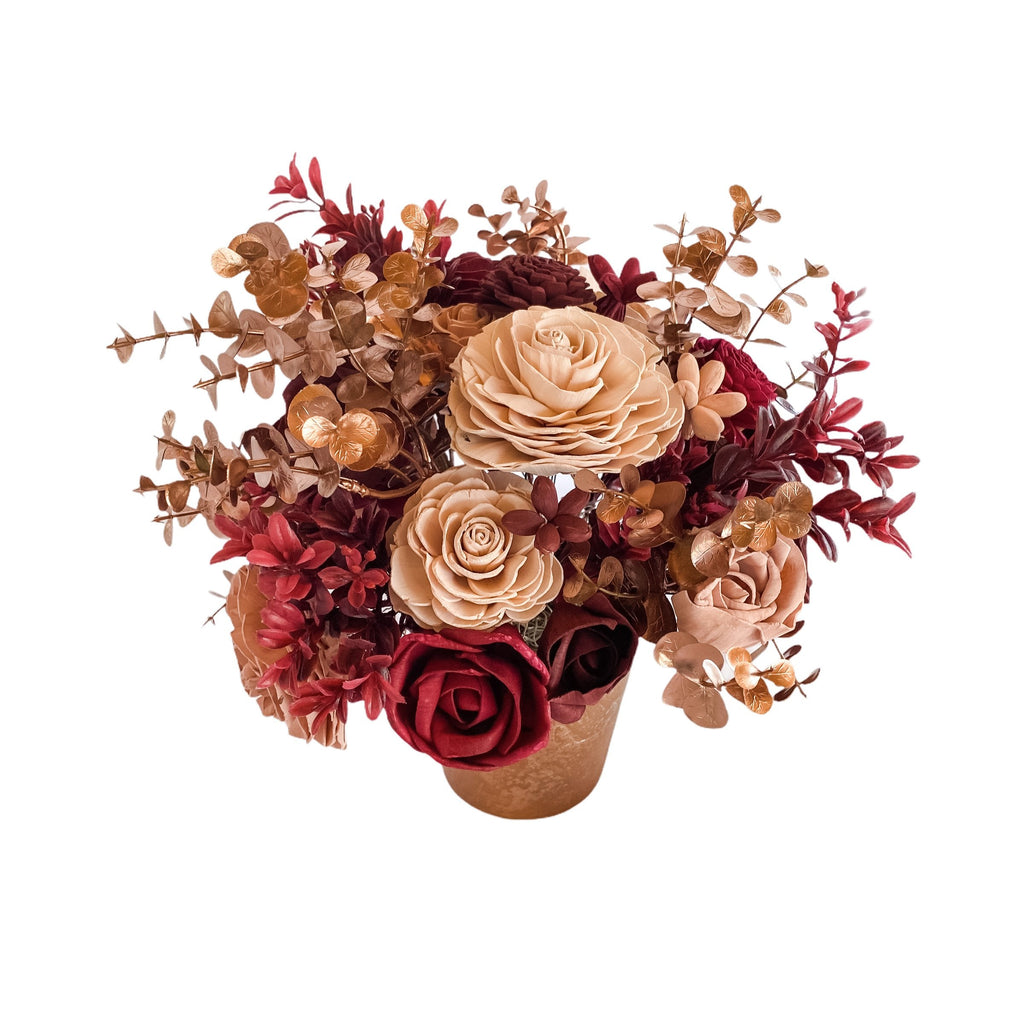 sola wood flower arrangement in rose gold pot for centerpiece or home decor