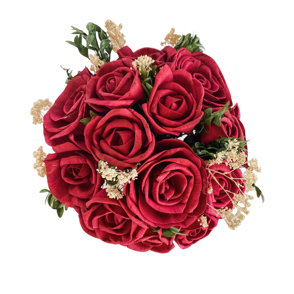 delicate sola wood flower red rose arrangement and bouquet for wedding decor