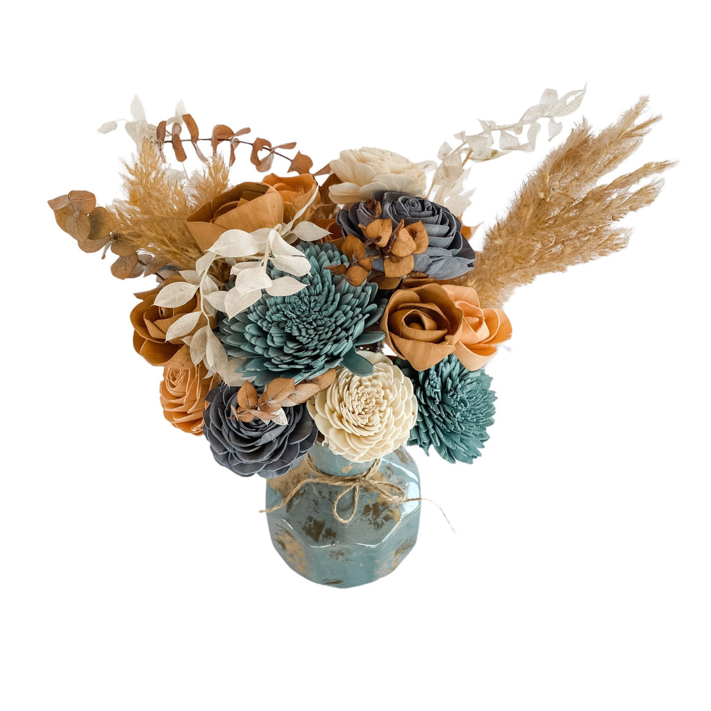 pine and petal market sola wood flower arrangement in blue and peaches - boho style