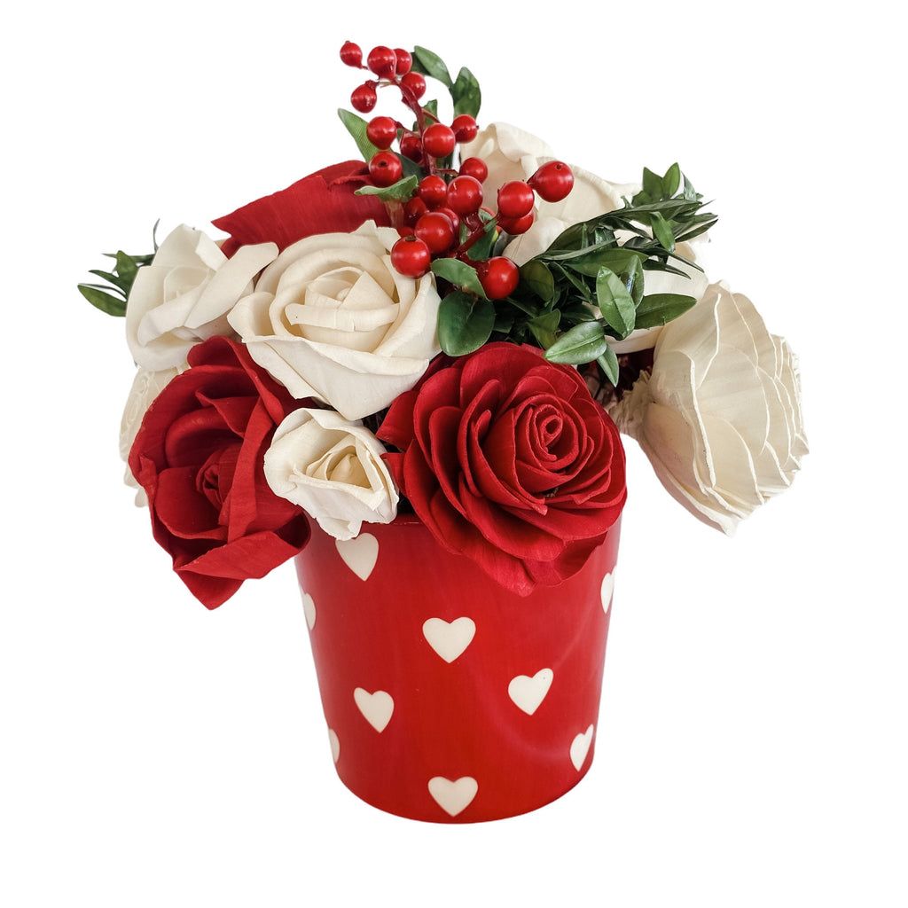 delicate sola wood flower arrangement for valentines day in red and white