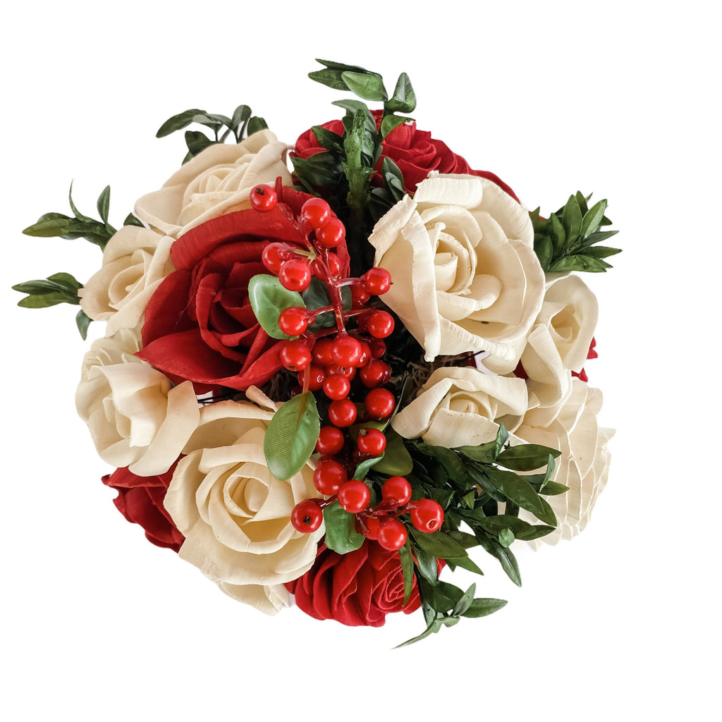 red and white rose flower bouquet arrangement made of sola wood flowers for her