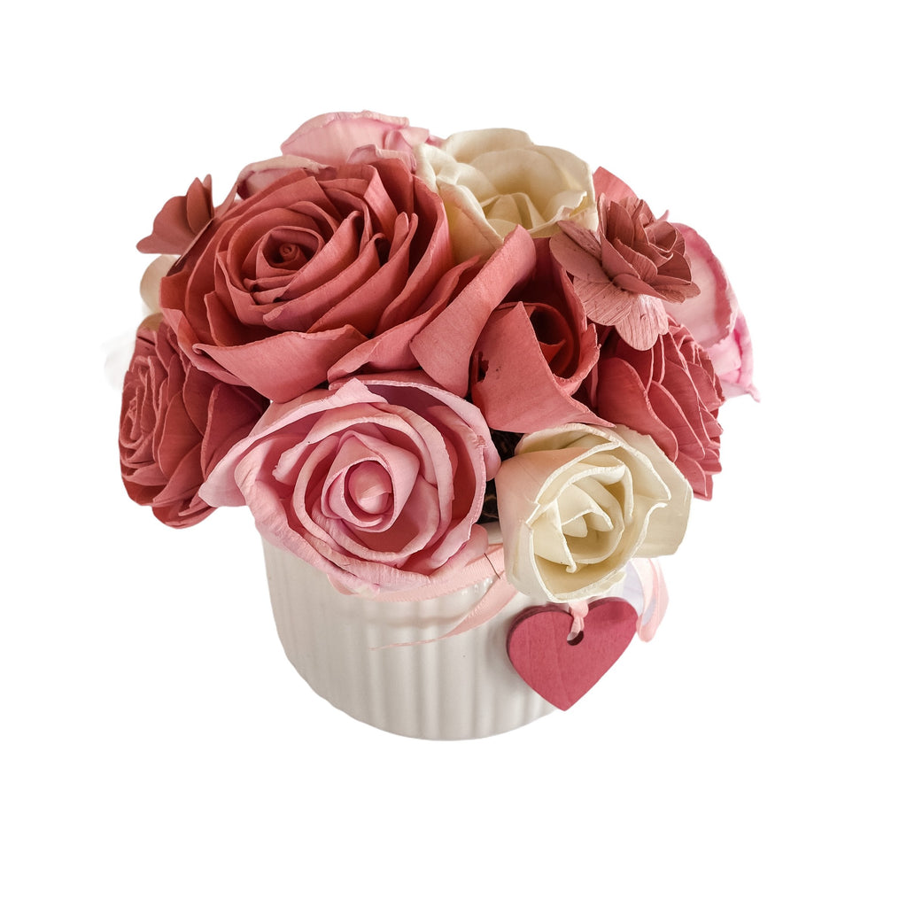 valentine's day sola wood flower arrangement with pink and white roses