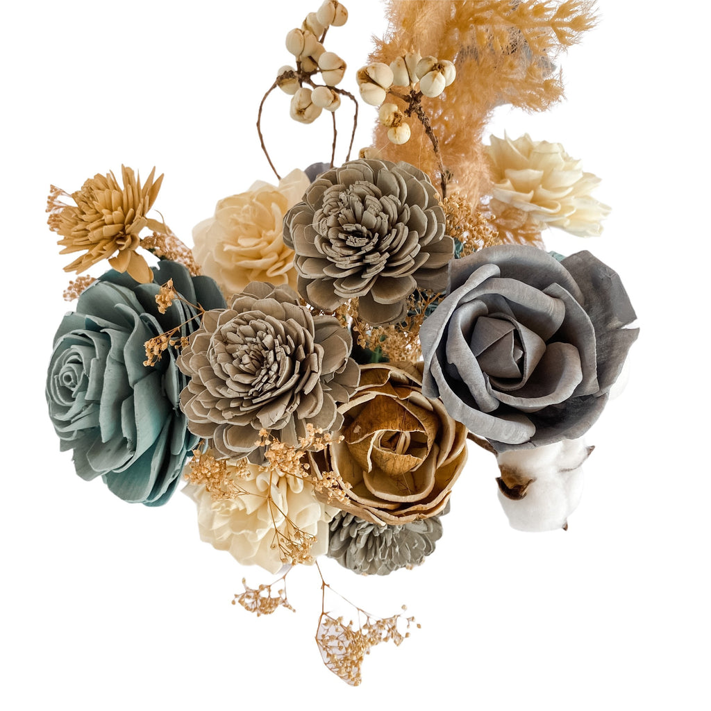 boho sola wood flower arrangement with pampas grass and blues