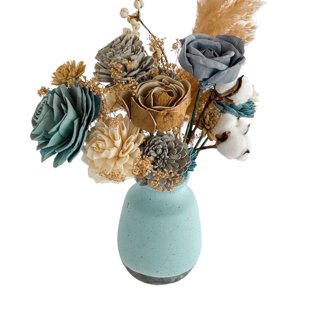 blue and beige Sola wood flower arrangement for modern farmhouse with pampas grass
