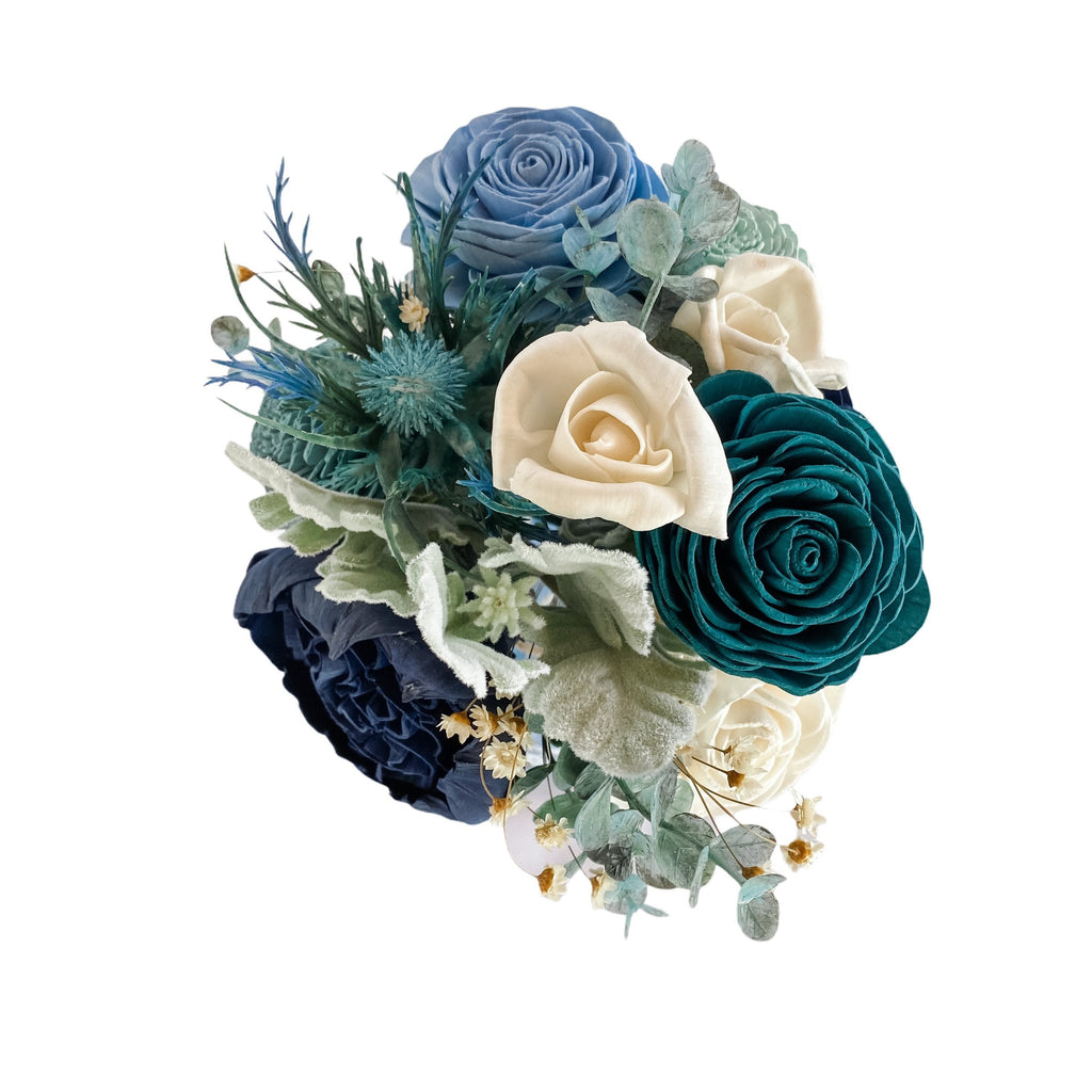 teal, blue and thistle sola wood flower arrangement and bouquet 