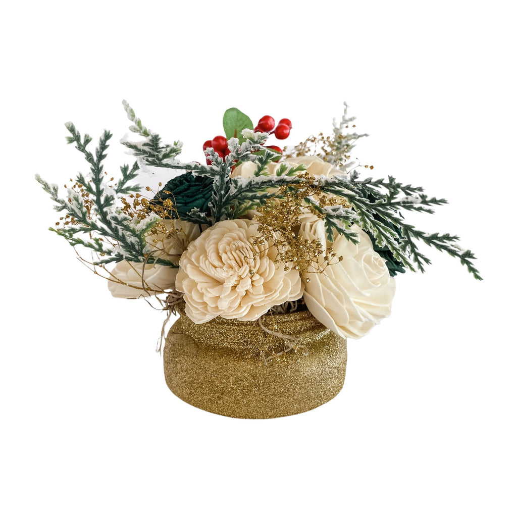 gold glitter mason jar mini christmas arrangement for teacher gifts and friends