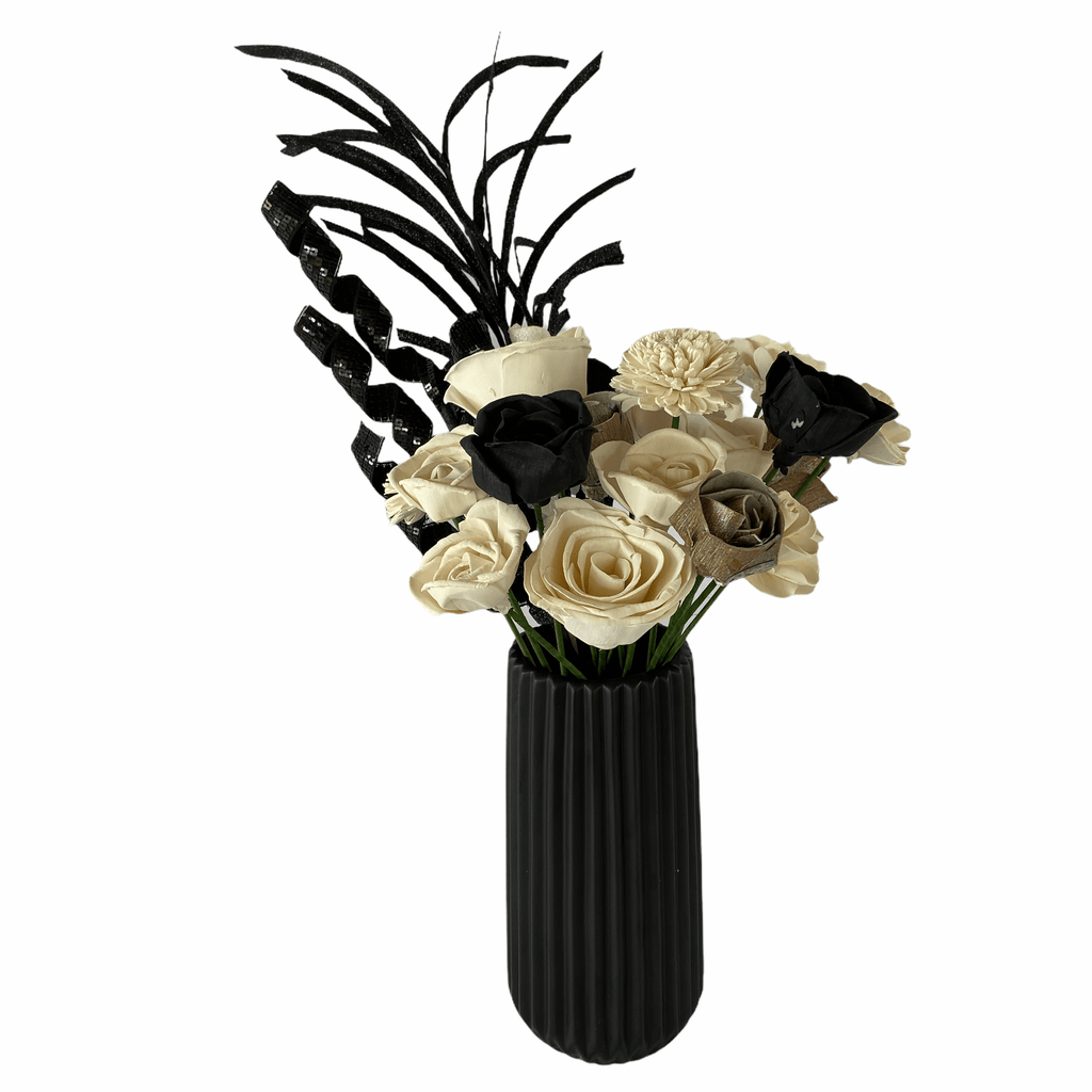 black and white party sola wood flower centerpiece arrangement