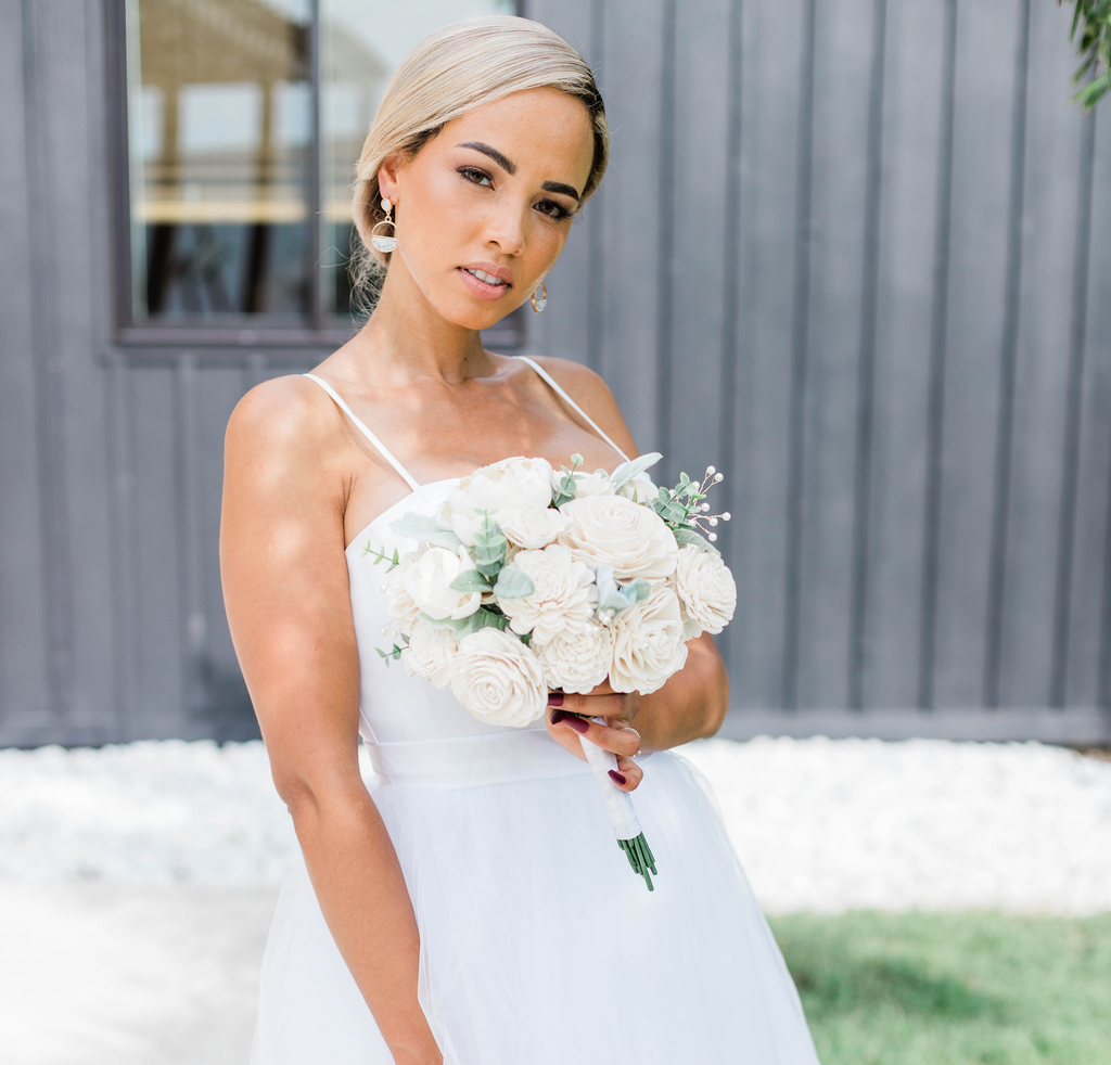 White Sola Wood Flower Bouquet With Greenery and Pearls - PineandPetalWeddings