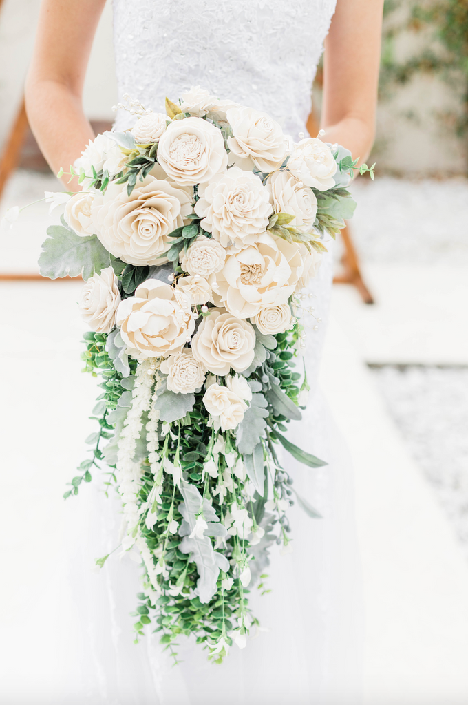 White Sola Wood Flower Bouquet With Greenery and Pearls - PineandPetalWeddings
