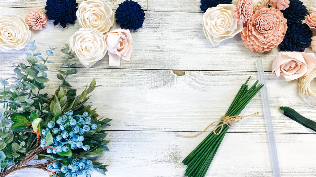 make your own bridesmaid and bridal bouquets with our bouquet kit of navy marine, petal pink blush, natural wood
