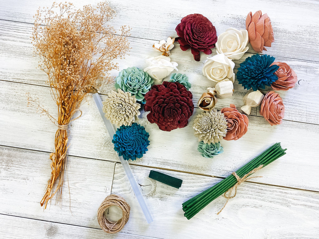 teal, wine, dusty rose, seafoam sola wood flower bouquet kit for DIY bridal bouquets and wedding flower kit