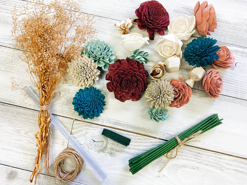 buy a ready to assemble or make bouquet kit with sola wood flowers already dyed or pre-dyed