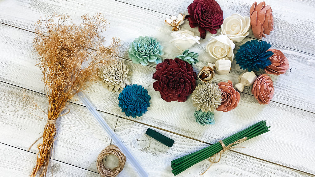 sola wood flower bouquet kit with predyed wood flowers and fillers for DIY bridesmaid and bridal bouquets