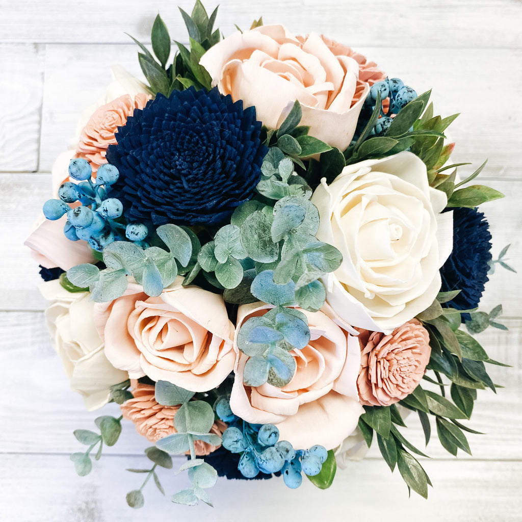 Navy, blush, natural wood with lots of greenery garden picked bouquet DIY for bridal bouquet and bridesmaid