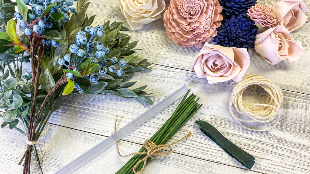 blush, navy and natural wood sola wood flower bouquet kit with lots of greenery and blueberries for spring wedding DIY bridesmaid and bridal bouquets