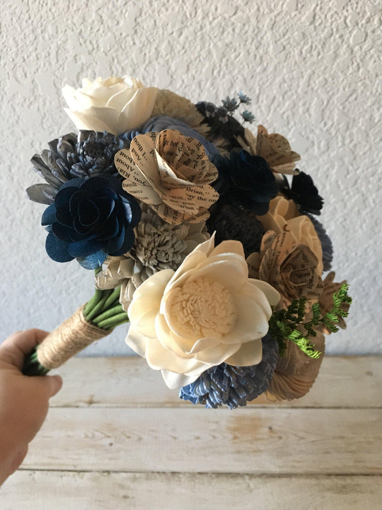 Blue, Grey and Natural Wood Book Pages Blue Flower Bouquet - PineandPetalWeddings