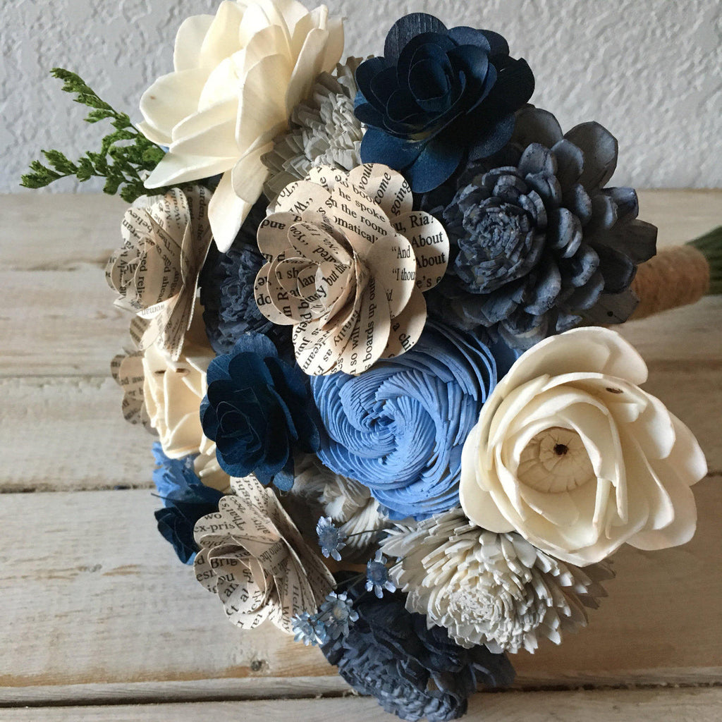 Blue, Grey and Natural Wood Book Pages Blue Flower Bouquet - PineandPetalWeddings