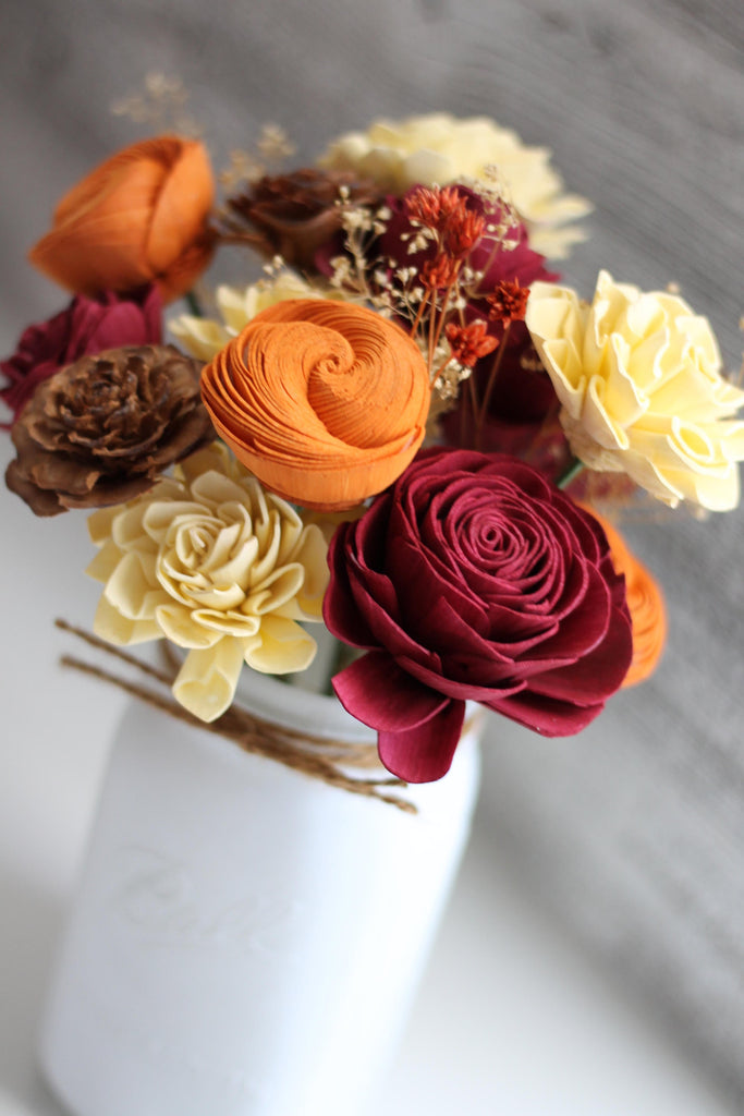 Fall Wooden Flower Arrangement - PineandPetalWeddings