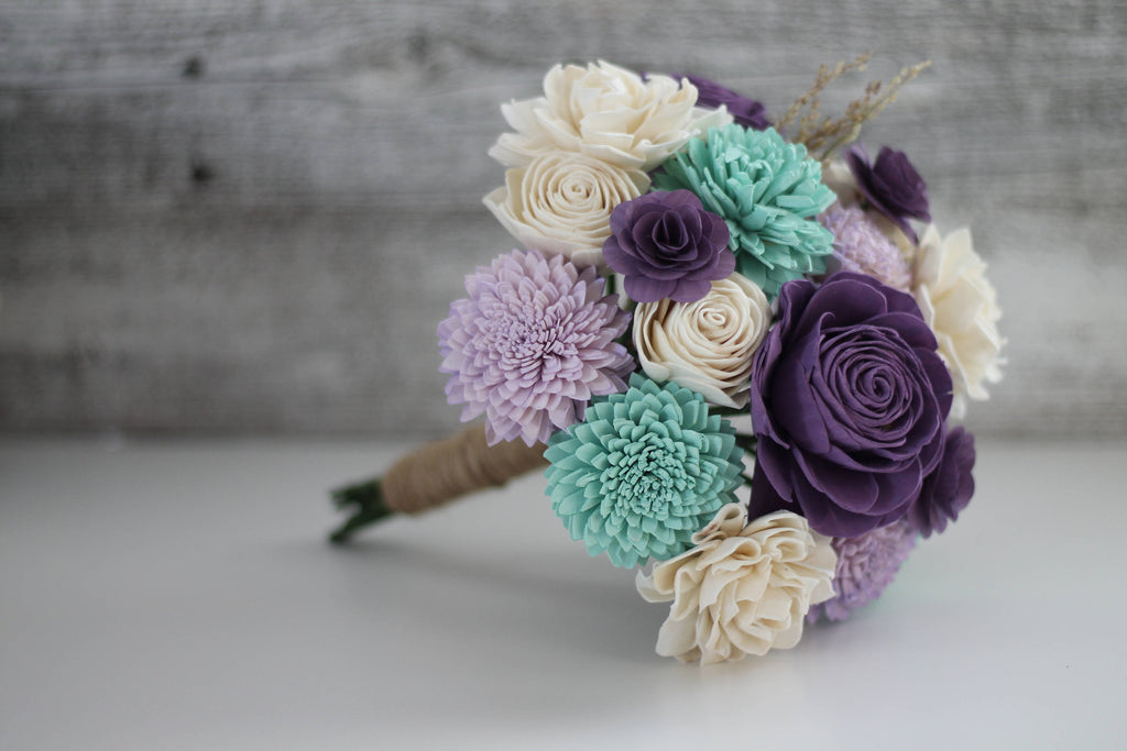 Purple and Mint Wooden Flower Bouquet - PineandPetalWeddings